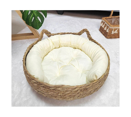 Rattan Cat Basket Bed with Cushion - Cosy Donut Design