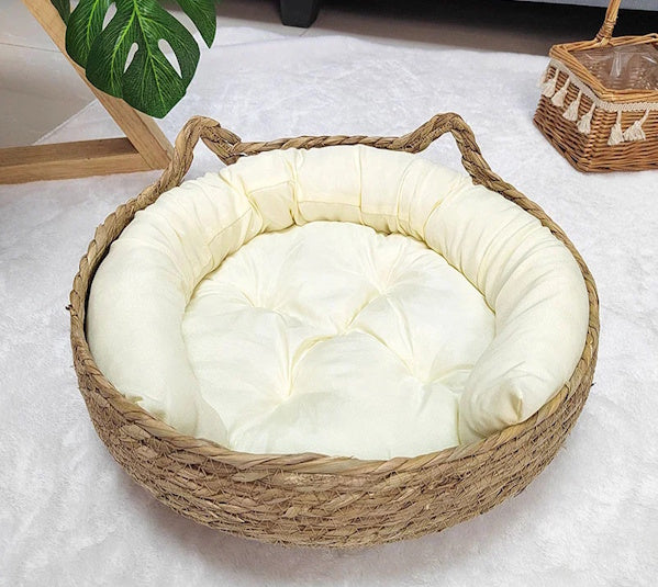 Rattan Cat Basket Bed with Cushion - Cosy Donut Design