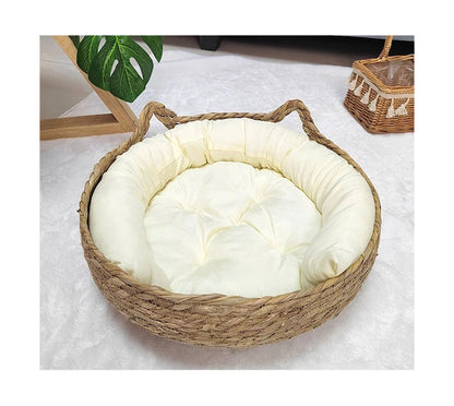 Rattan Cat Basket Bed with Cushion - Cosy Donut Design