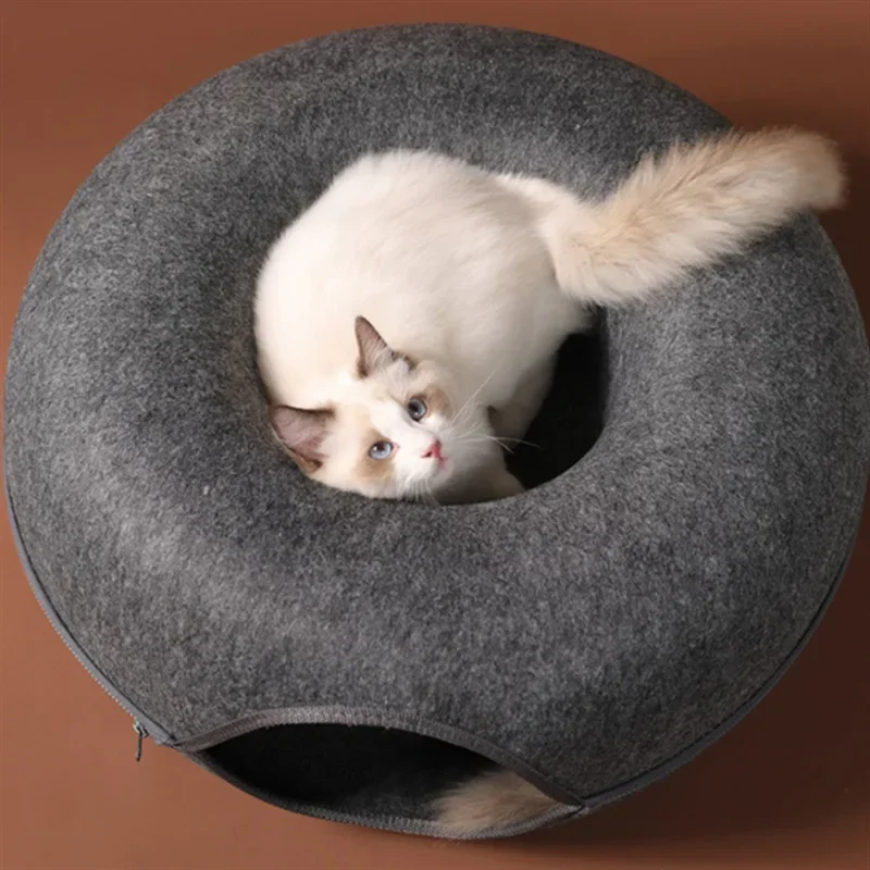 Felt Donut Cat Bed & Tunnel - Interactive Play for 2 Cats